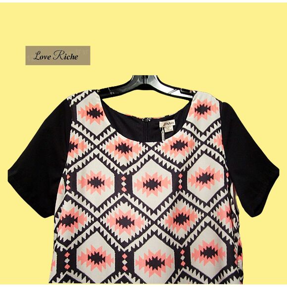 LOVE RICHE NEW Bohemian Geometric Aztec Tribal Print Shift Dress M - Picture 2 of 11